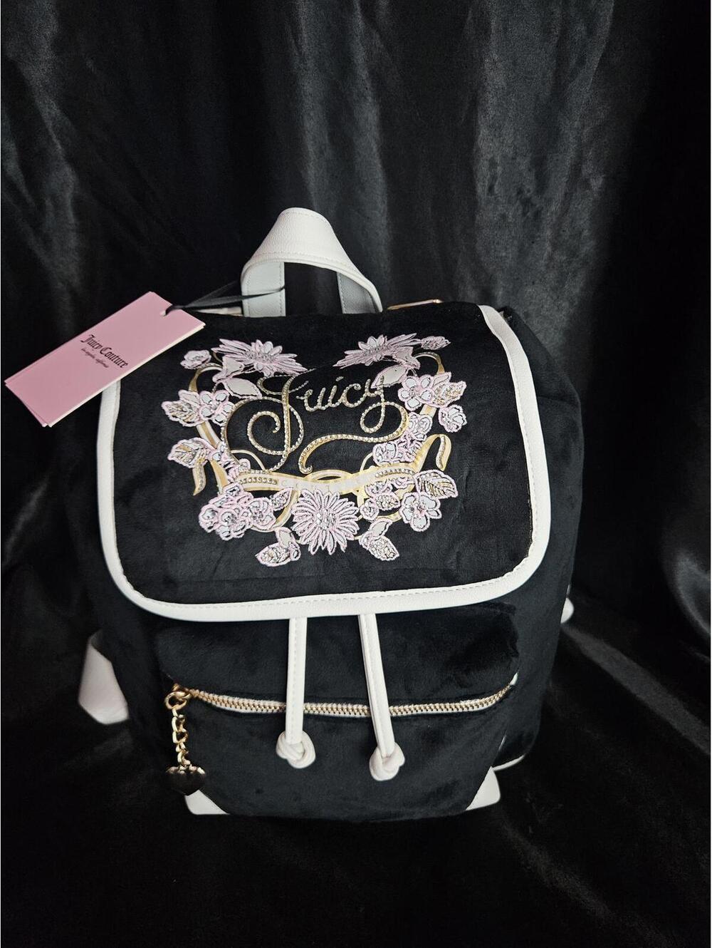 Juicy Couture In Bloom Velvet Velour Backpack Black Floral Gold Charm NWT